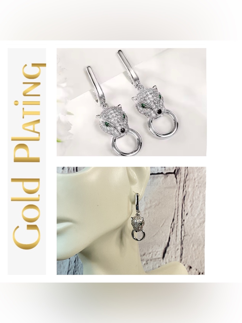 🌟🌟 18K Gold Plated Panther Diamond Emerald Drop Earrings